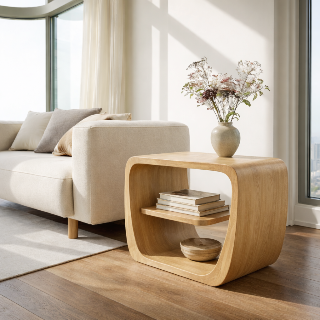 Modern Solid Wood End Table with Storage Shelf – Curved Wooden Side Table for Living Room