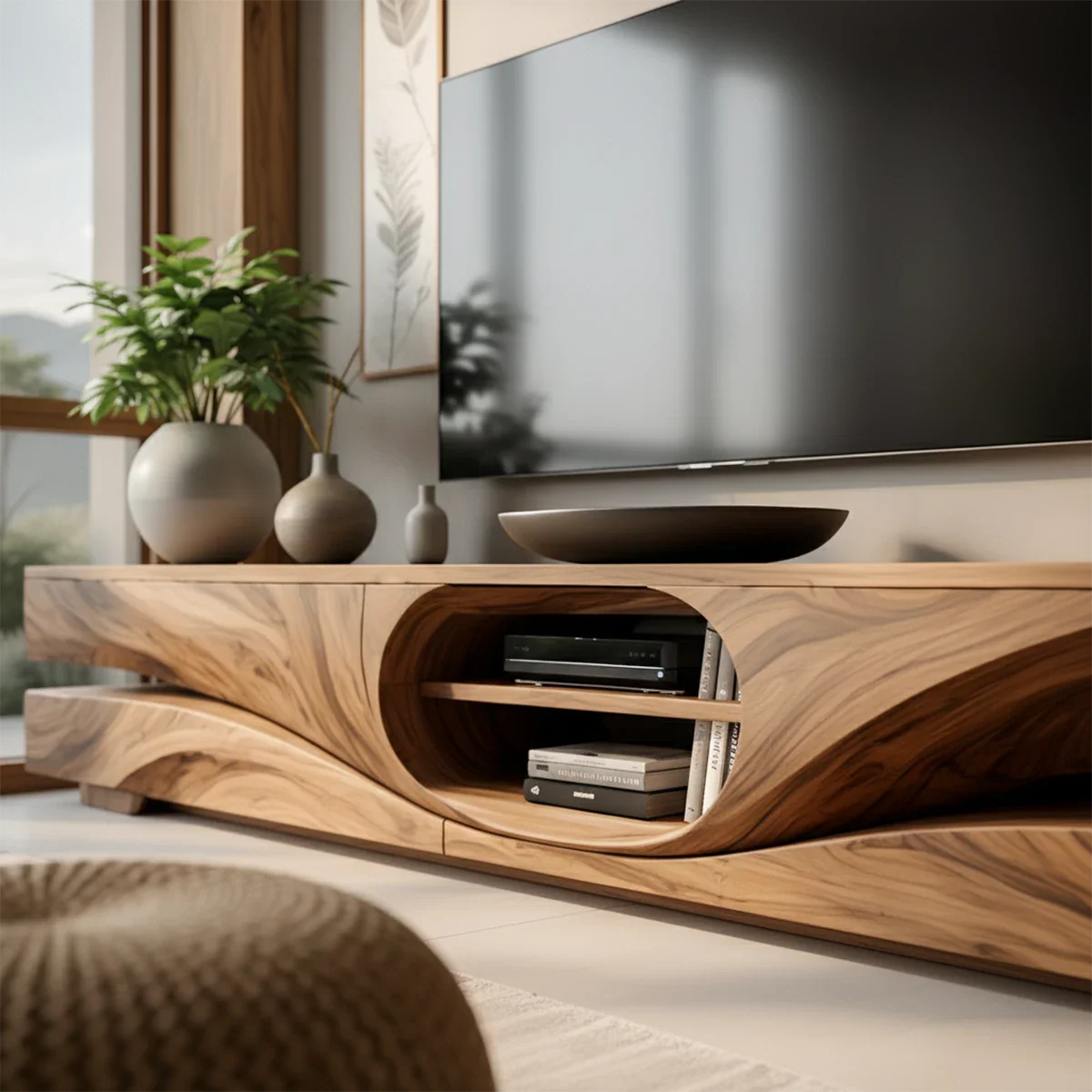 Solid Wood TV Stand Modern Walnut Floating Media Console with Open Storage