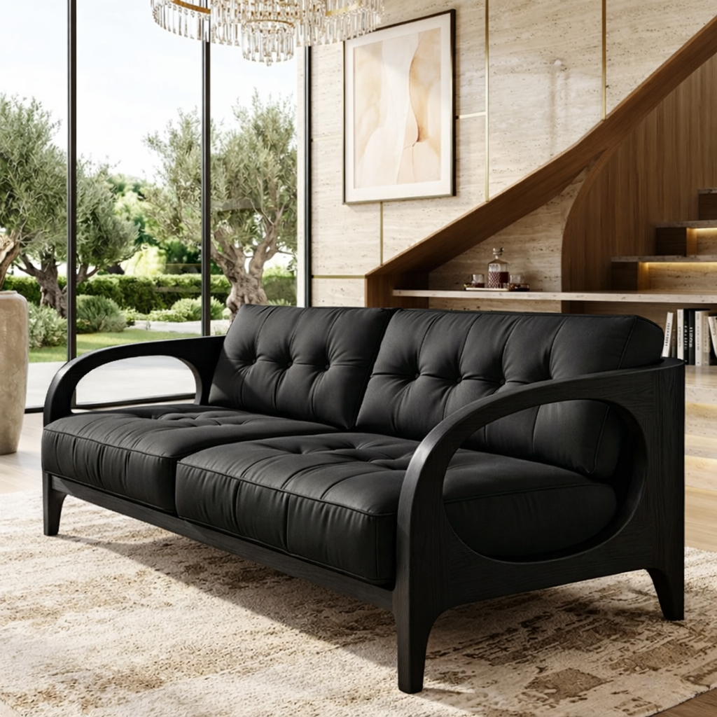 Curved Solid Wood Sofa with Cream Tufted Cushions Mid Century Modern Loveseat