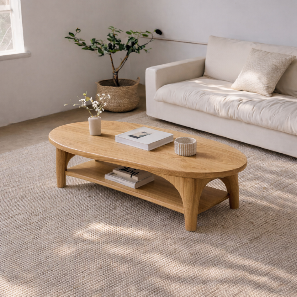 Handcrafted Solid Wood Coffee Table – Oval Modern Center Table with Shelf