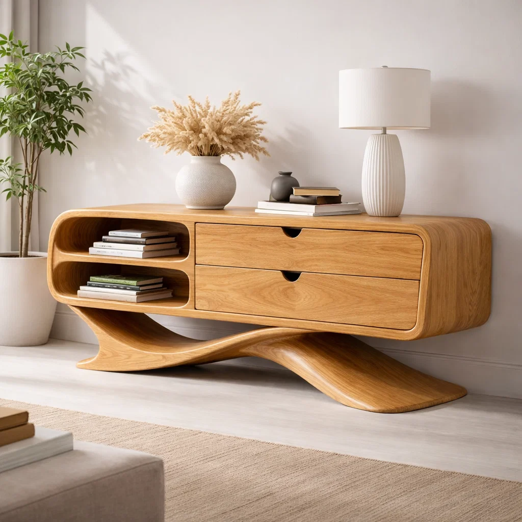 Solid Wood Sculptural Console Cabinet with Drawers & Open Shelf – Modern Curved Base