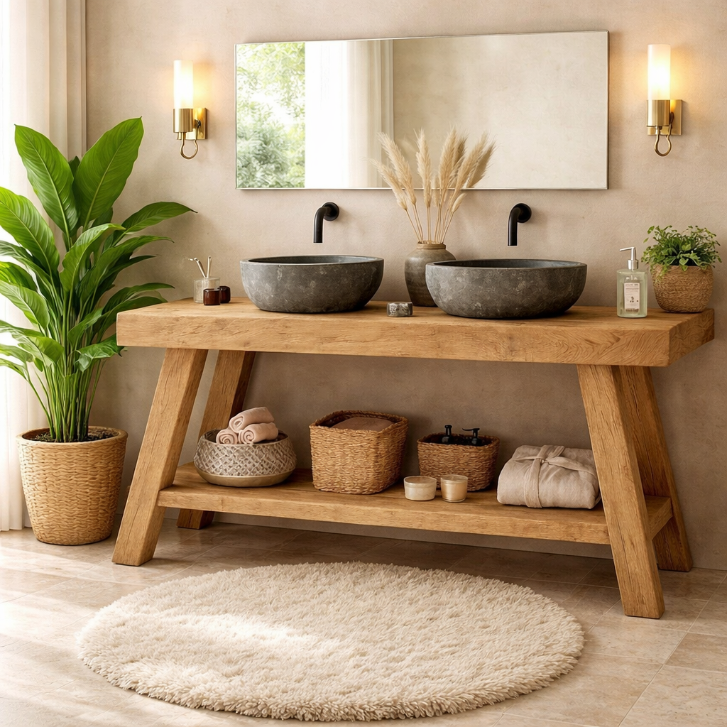 Rustic Double Sink Bathroom Vanity with Shelves Wooden Vanity Base