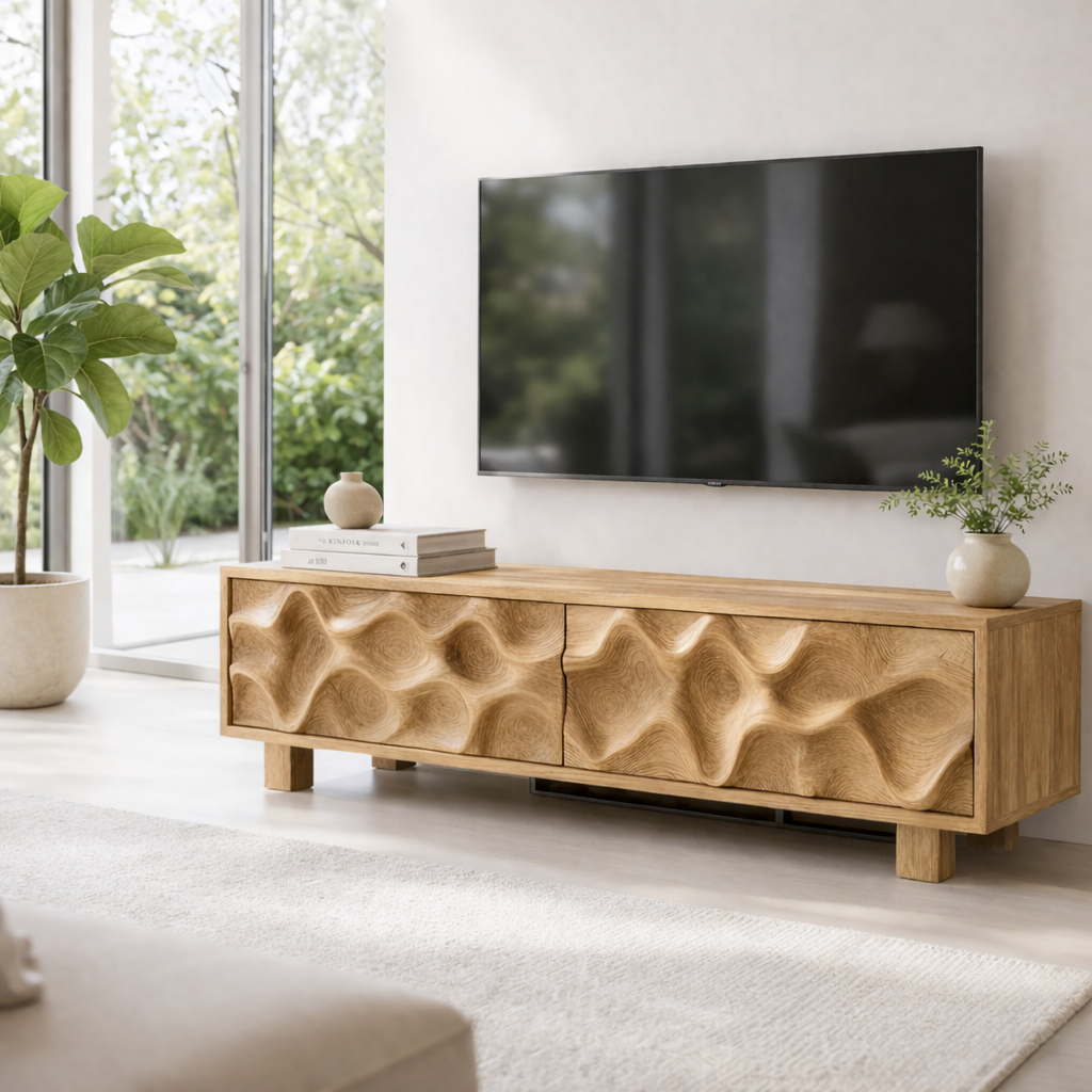 Solid Wood Media Console with Sculpted Wave Front, Modern TV Stand Cabinet
