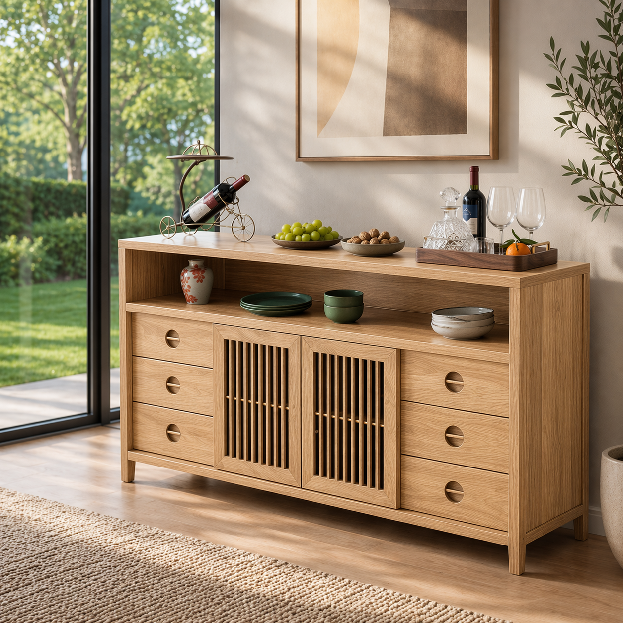 Solid Wood Console Sideboard with Slatted Doors – Modern Walnut Storage Cabinet
