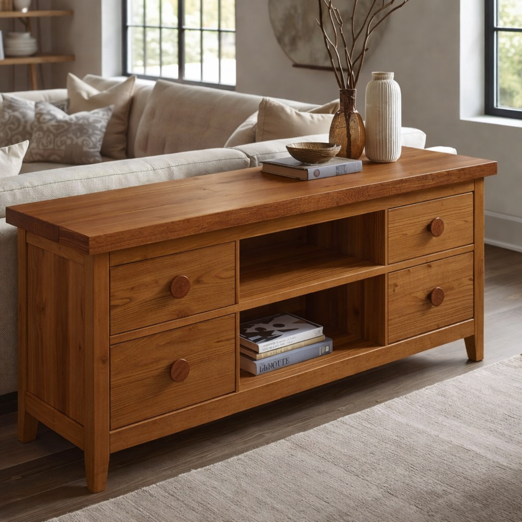 Solid Wood Console Cabinet with 2 Drawers & Open Shelving – Modern Storage Solution