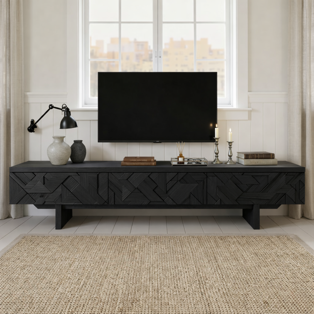 Solid Wood TV Stand with Geometric Doors, Modern Media Console Cabinet