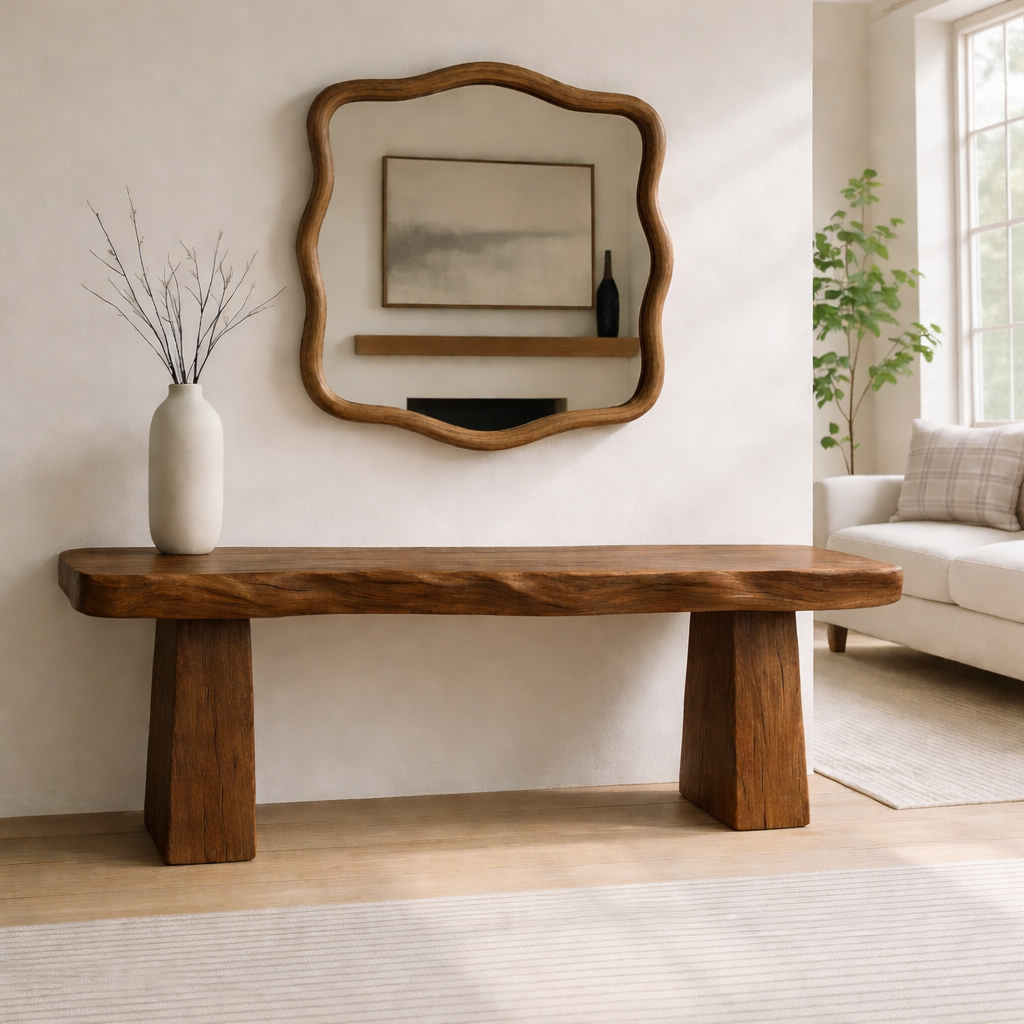 Solid Wood Entryway Bench with Sculpted Base, Handmade Rustic Hallway Seat