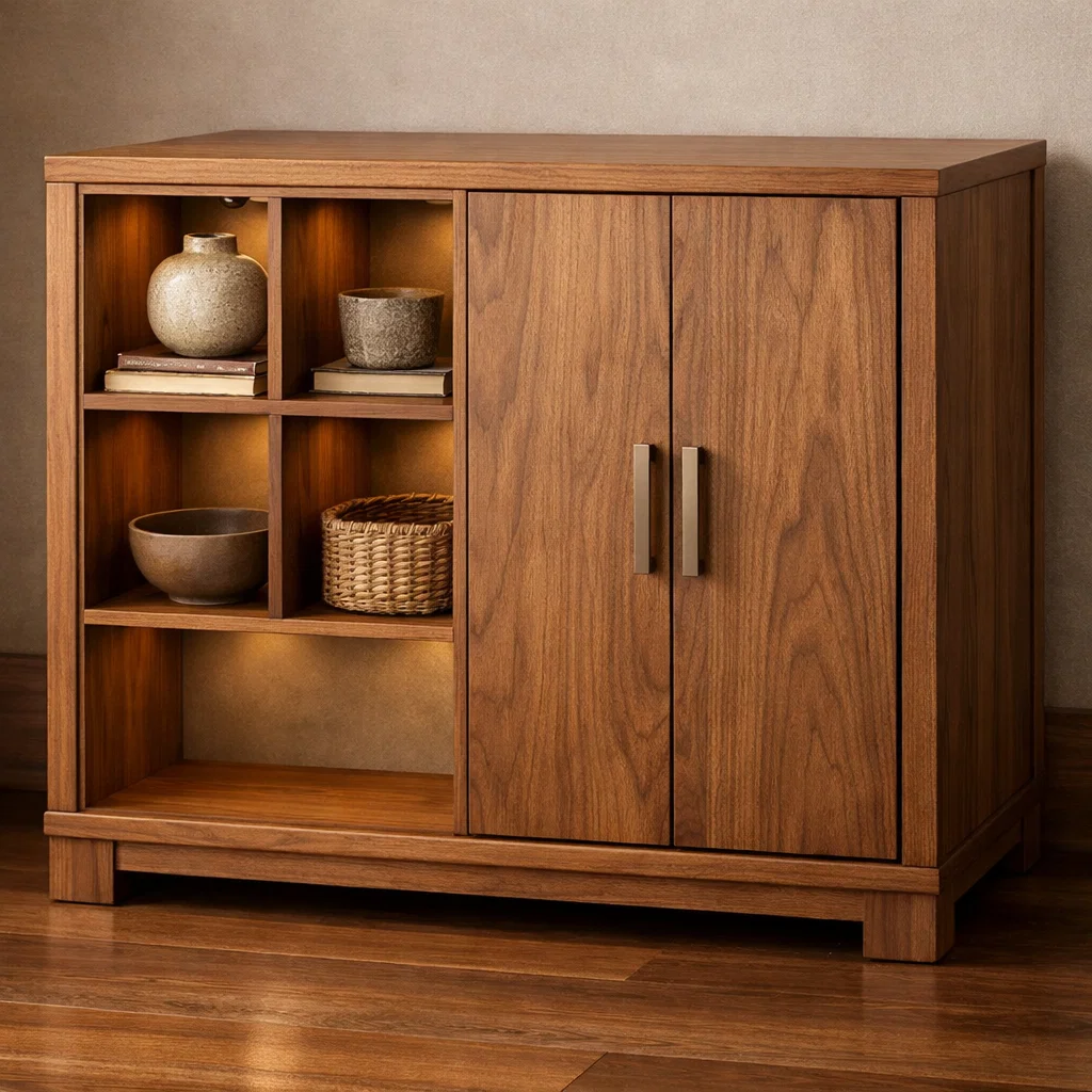 Mid-Century Modern Wood Console Cabinet with Open Shelves
