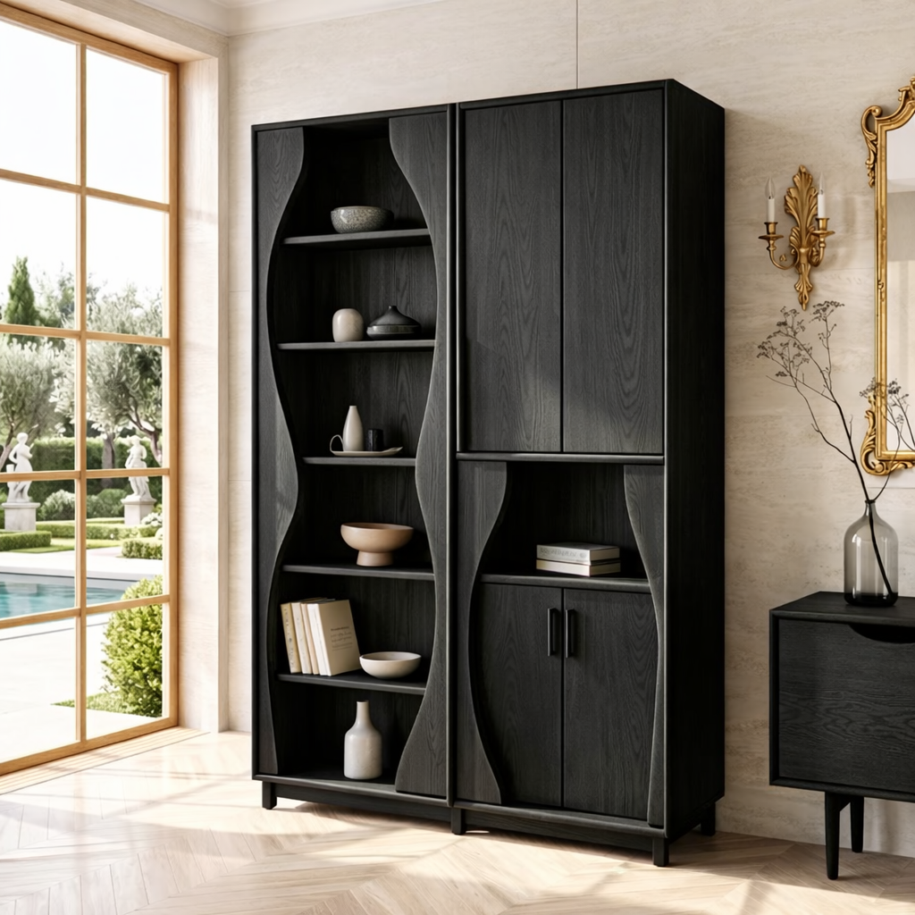 Modern Display Cabinet with Wavy Open Shelves and Tall Concealed Storage