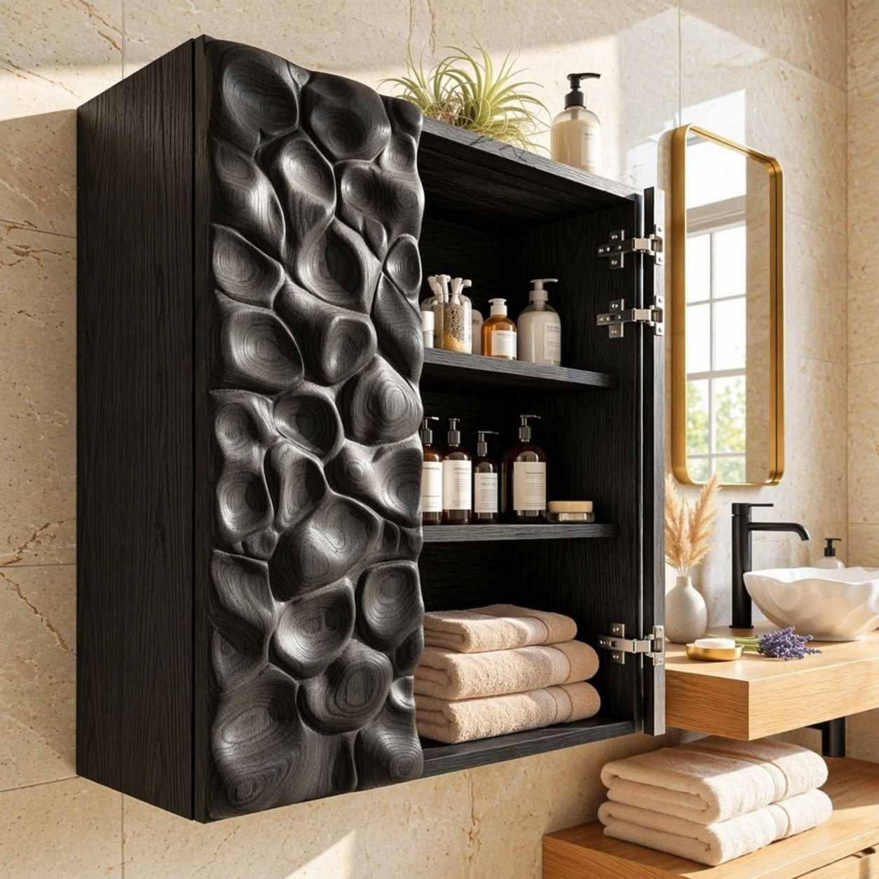 Floating Bathroom Cabinet, Modern Sculpted Wall Mounted Vanity Storage Organizer