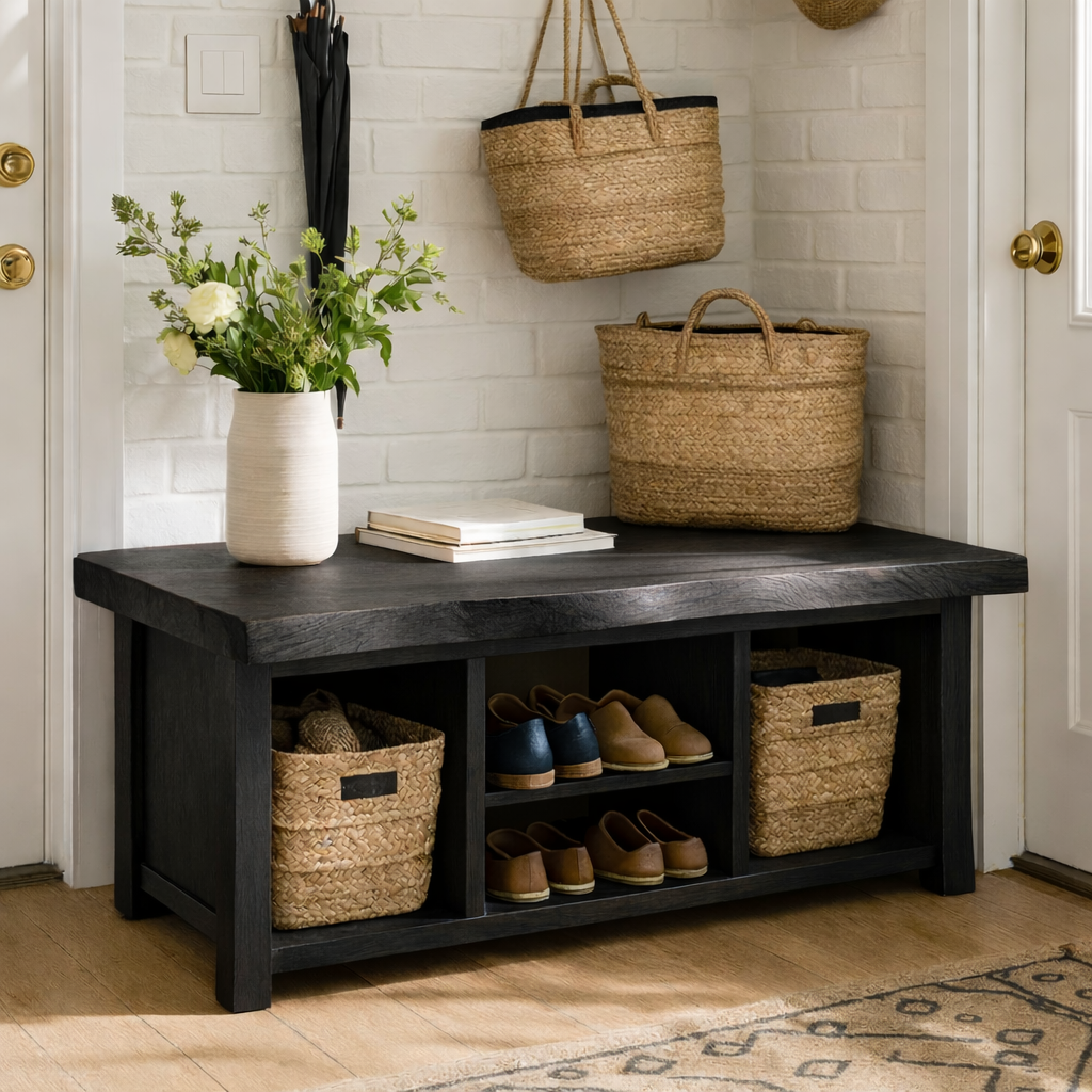 Solid Wood Entryway Bench with Storage Cubbies and Shoe Organizer Shelf