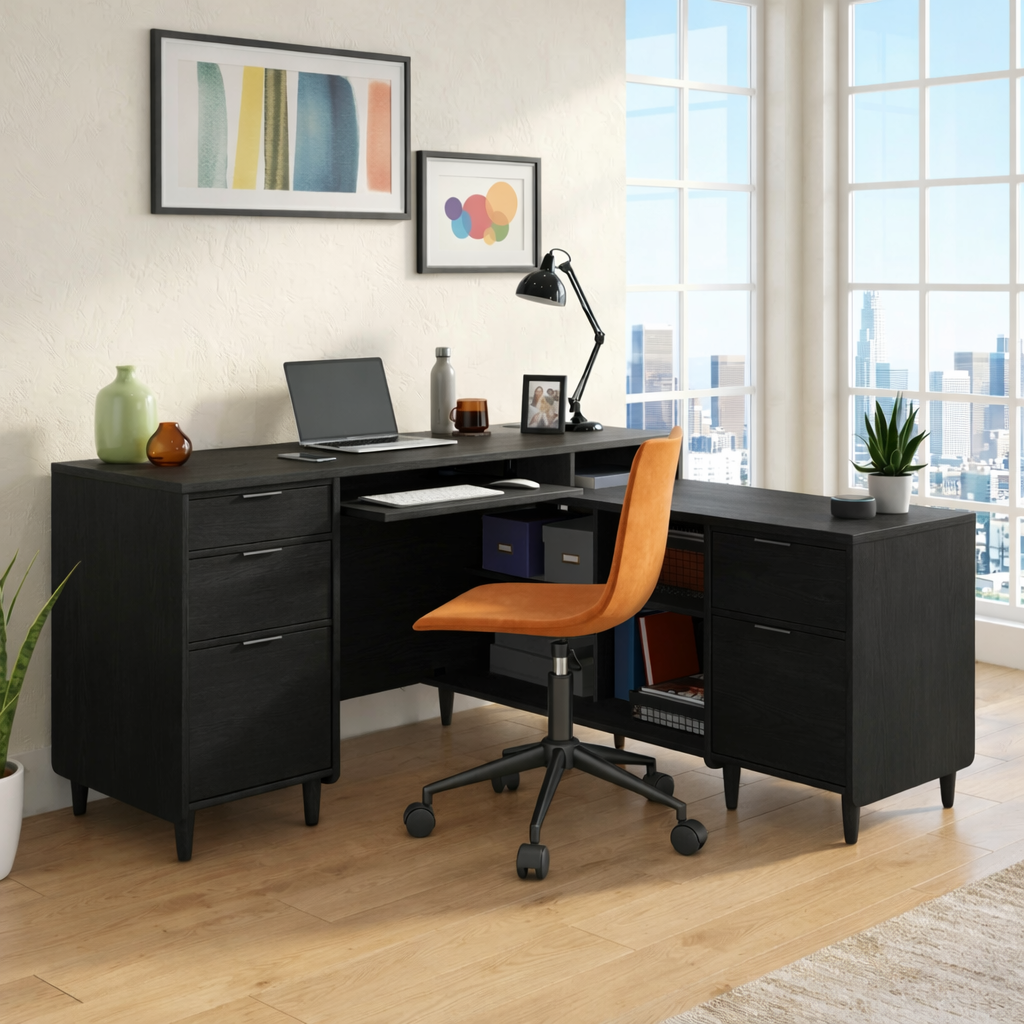 Modern L Shaped Executive Desk with Drawers, Corner Home Office Writing Table