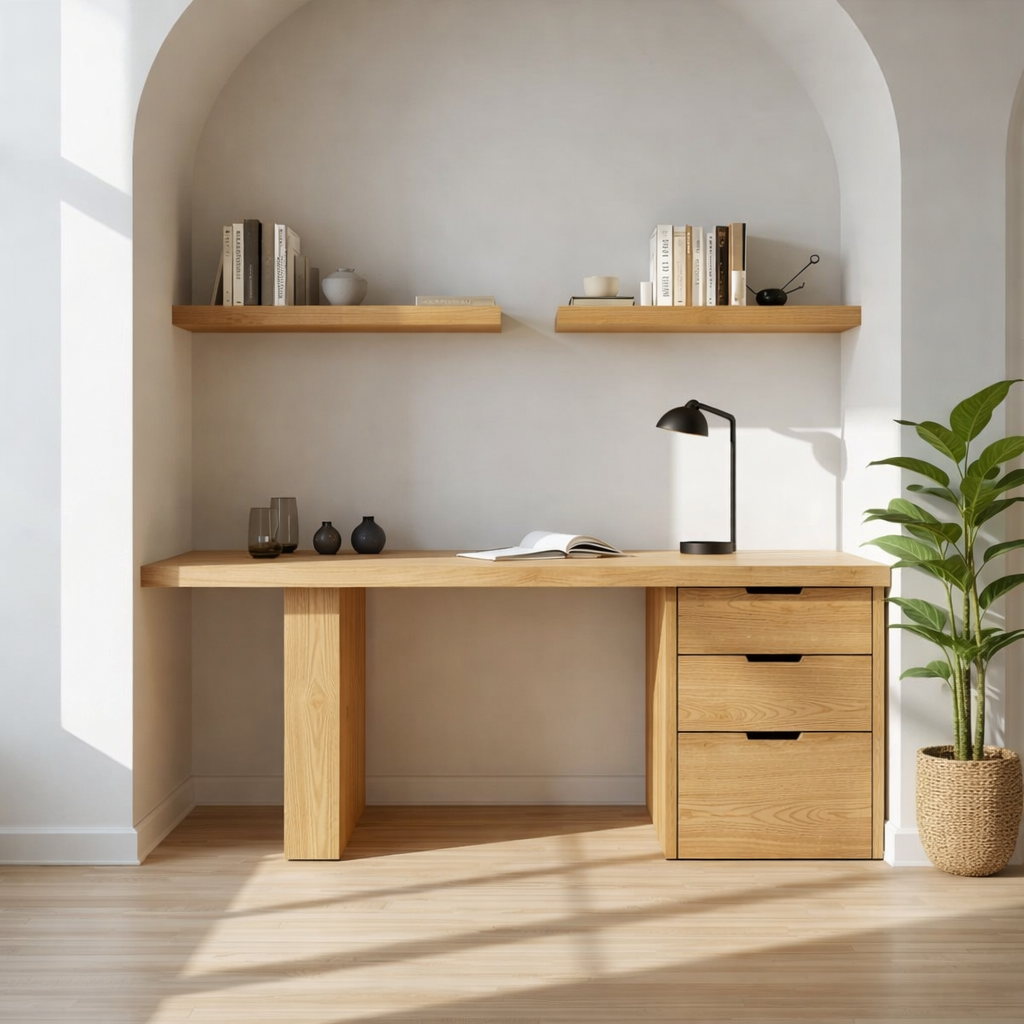 Solid Wood Writing Desk with Drawers Modern Minimalist Home Office Table