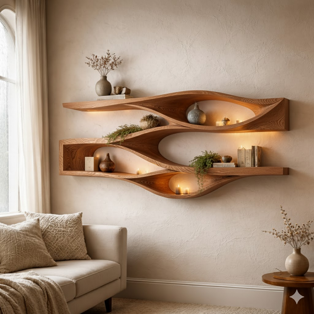 Handcrafted Solid Wood Floating Wall Shelf - Organic Curved Wave Design for Modern Home Decor