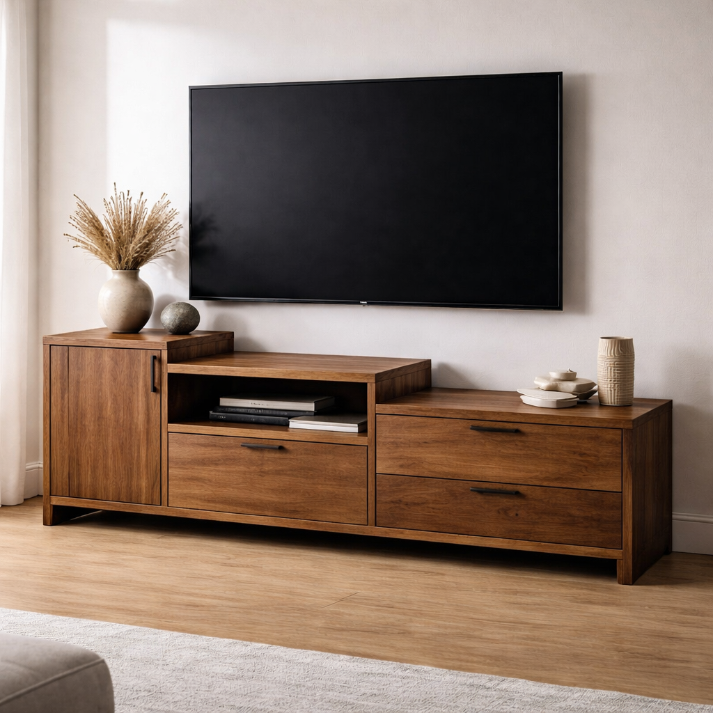 Modern Solid Wood TV Console with Drawers and Cabinet Storage