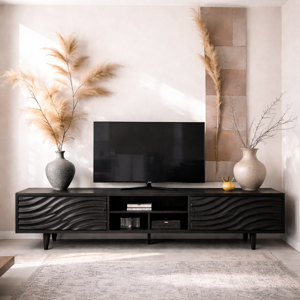 Solid Wood Media Console with Wave Doors – Modern TV Stand Storage Cabinet