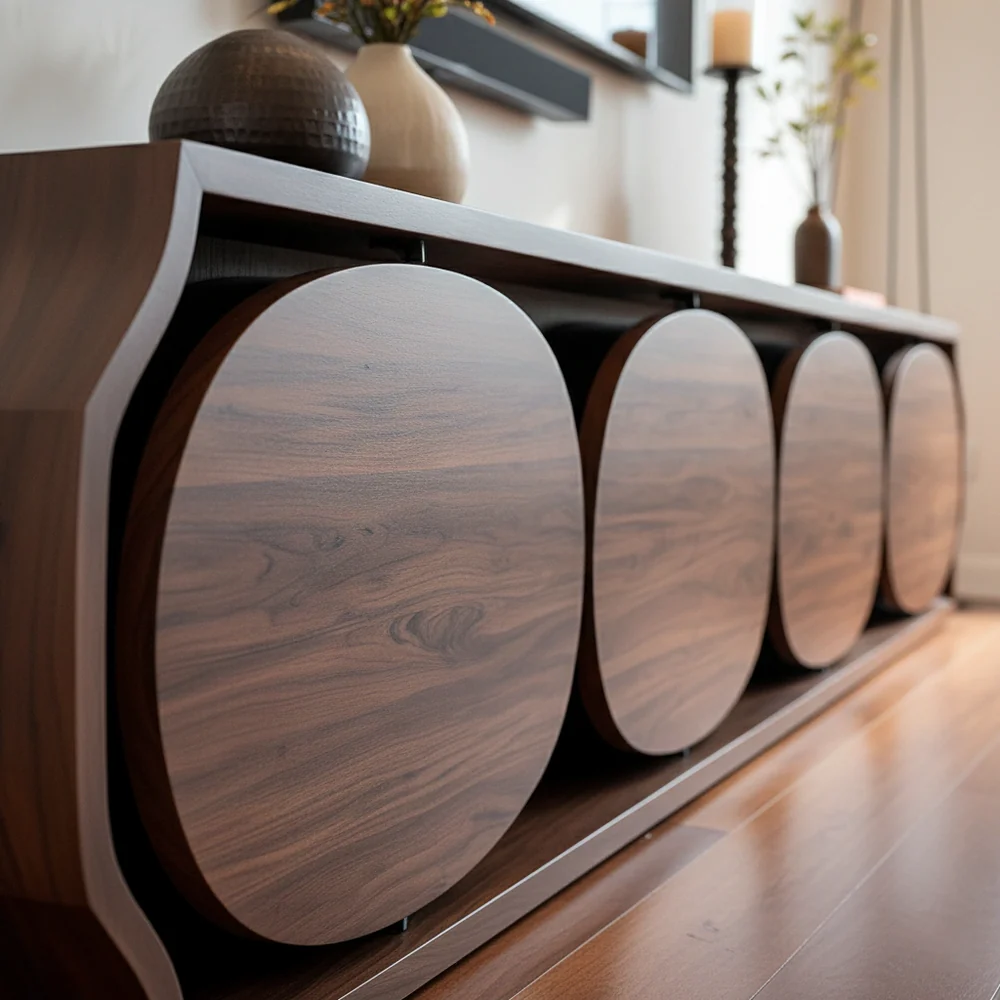Solid Wood TV Stand Modern Walnut Media Console with Round Panel Doors and Storage