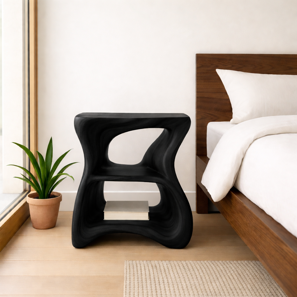 Modern Solid Wood Nightstand with Curved Design - Stylish Bedside Table for Bedroom