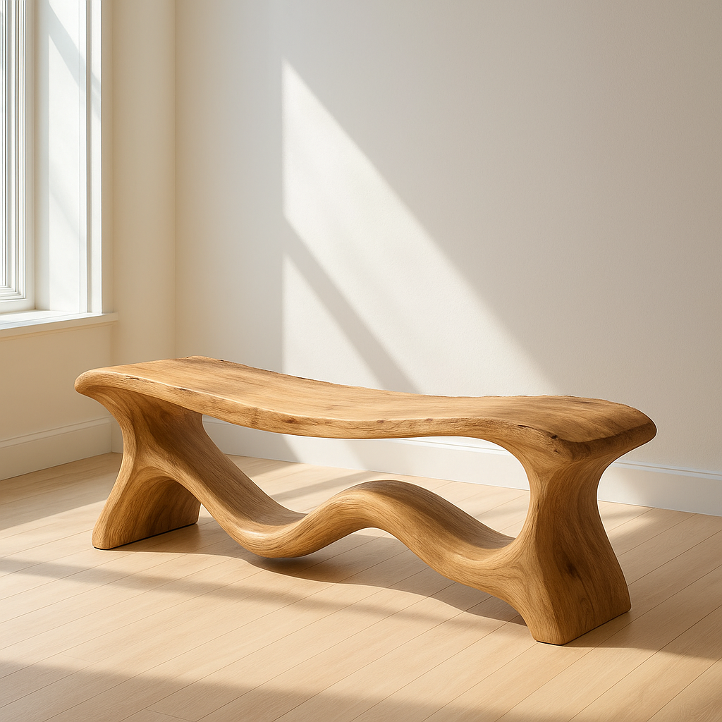 Modern Solid Wood Bench with Artistic Wave Base – Minimalist Wooden Bench