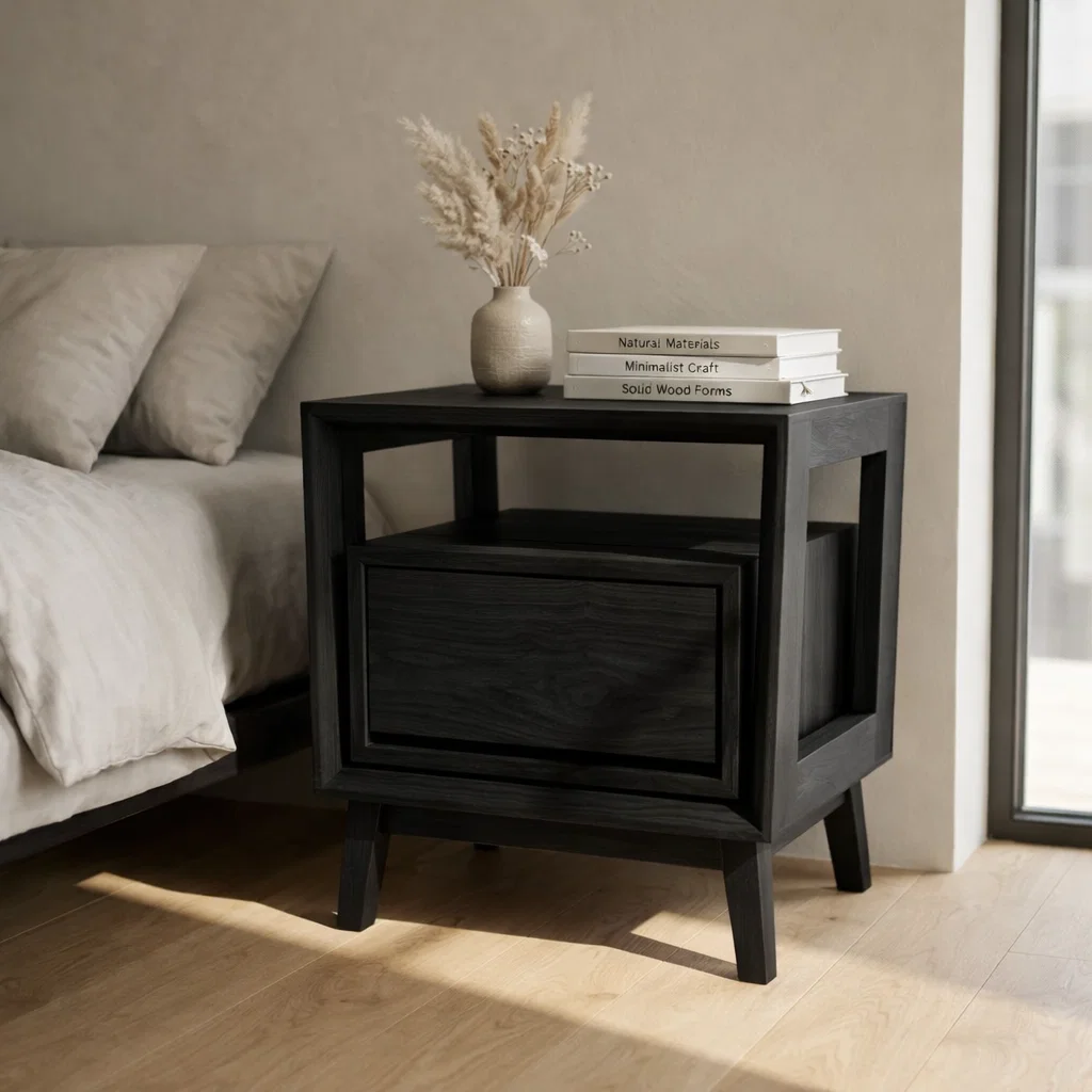 Solid Wood Nightstand - Modern Architectural Bedside Table with Floating Drawer