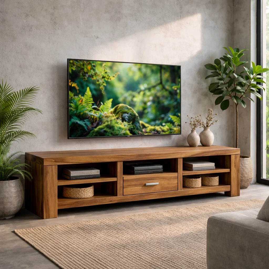 Solid Wood TV Stand with Open Shelves and Drawer – Modern Living Room Media Console
