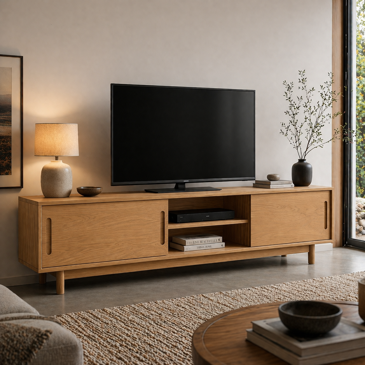 Solid Wood Media Console with Sliding Doors, Mid Century Modern TV Stand Storage