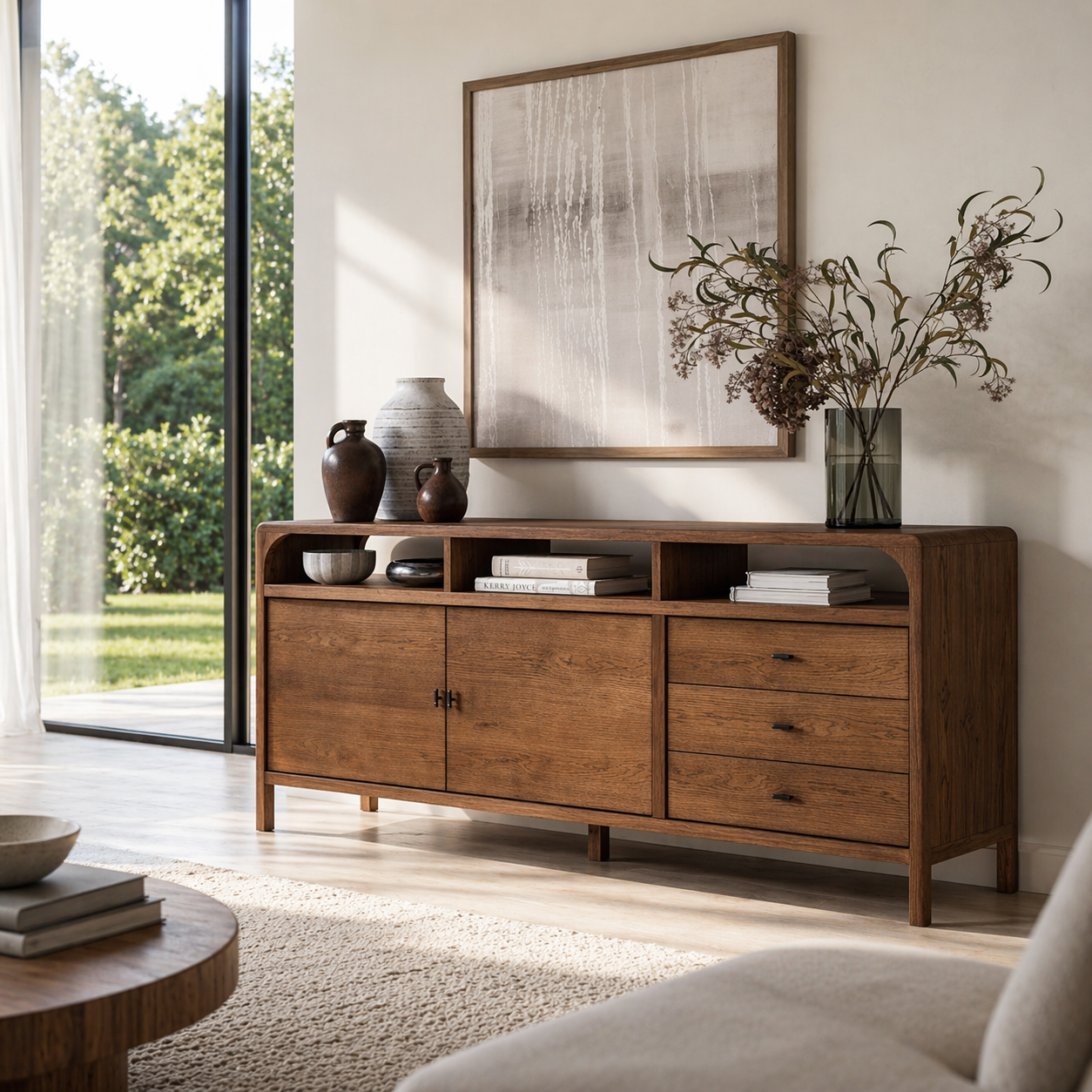 Modern Solid Wood Console Sideboard – Walnut Storage Cabinet for Living Room