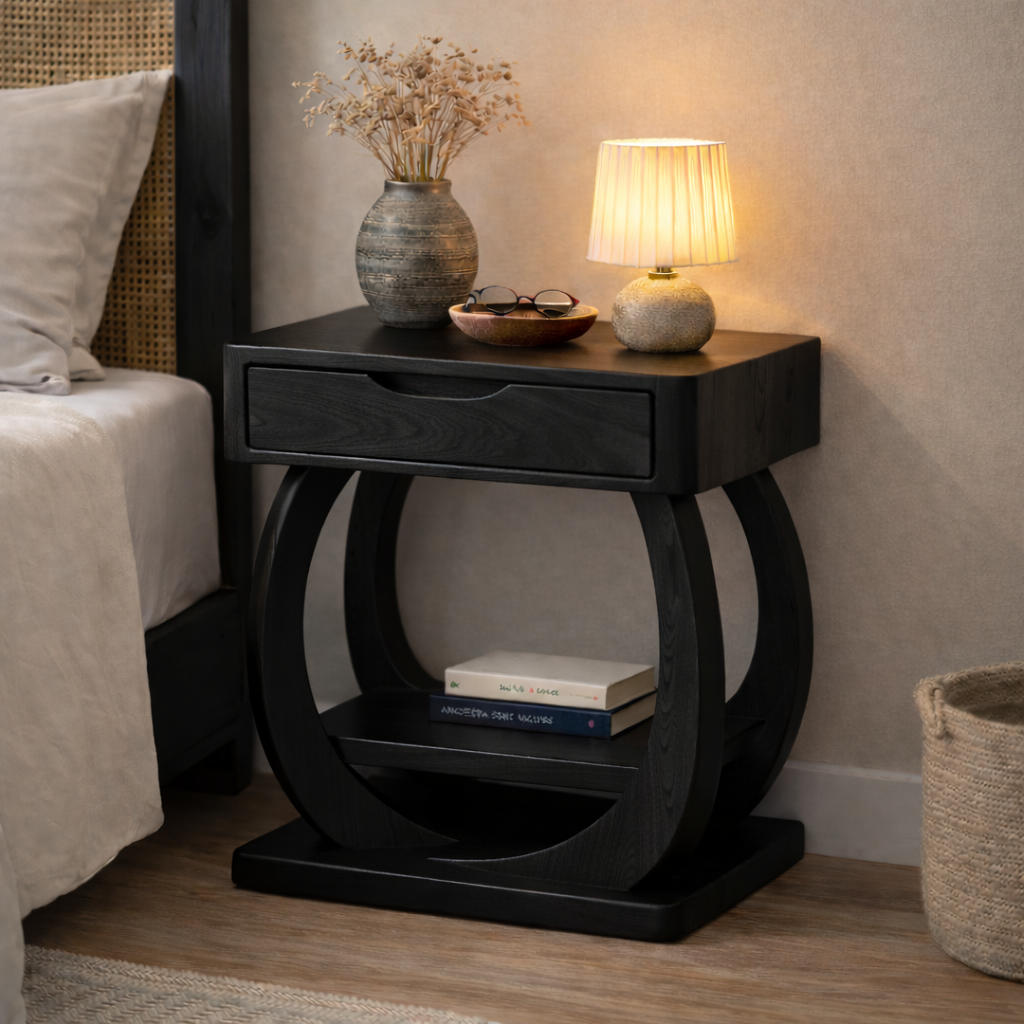 Solid Wood Nightstand with Drawer and Shelf – Modern Sculptural Bedside Table