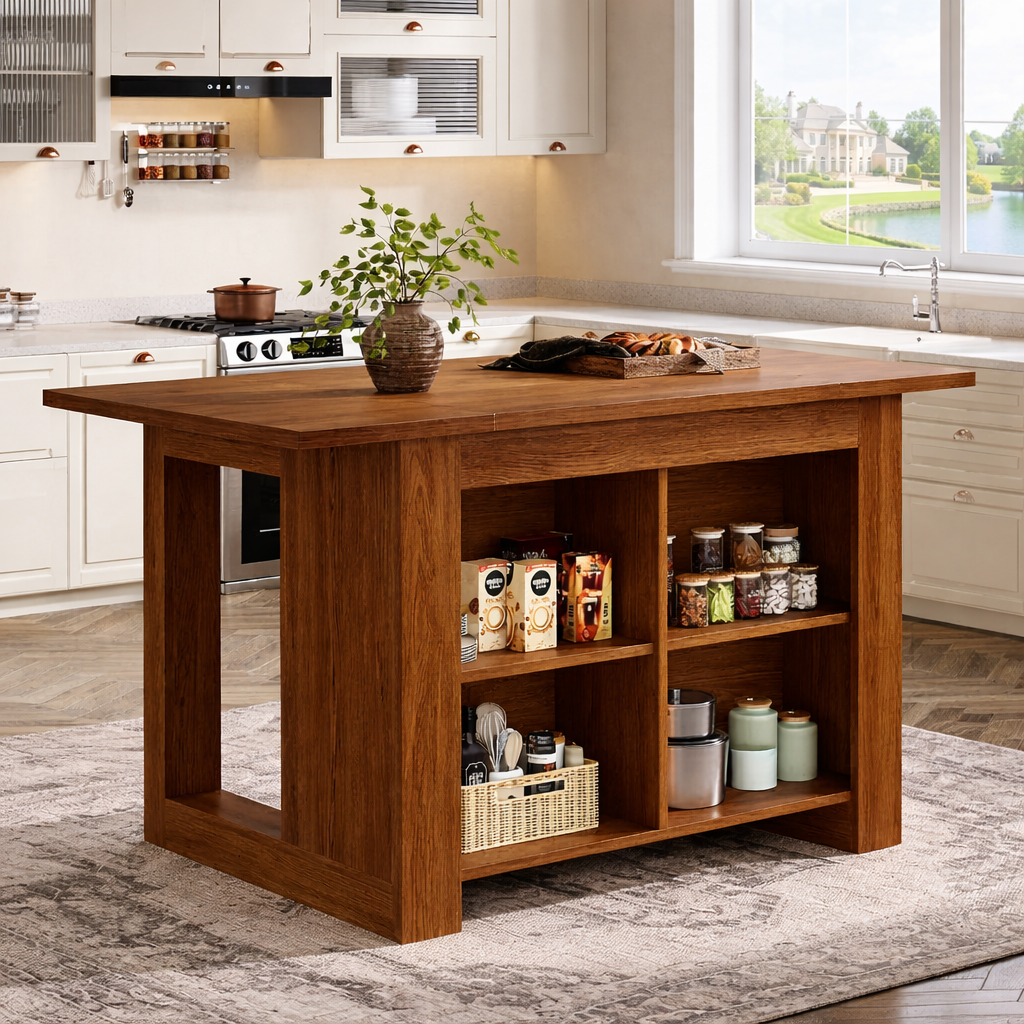 Large Kitchen Island with Open Storage Shelves, Modern Prep Table for Kitchen Dining Space