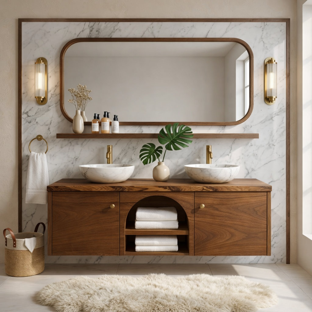 Double Sink Floating Vanity with Wooden Base and Elegant Gold Fixtures