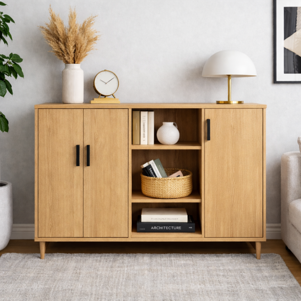 Solid Wood Console Cabinet with Double Doors & Open Shelf Storage – Modern Design