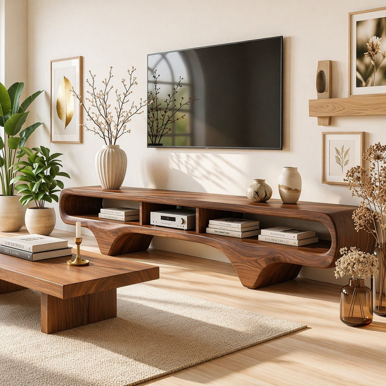 Organic Curved TV Console, Sculptural Media Stand for Luxury Sophisticated Interiors
