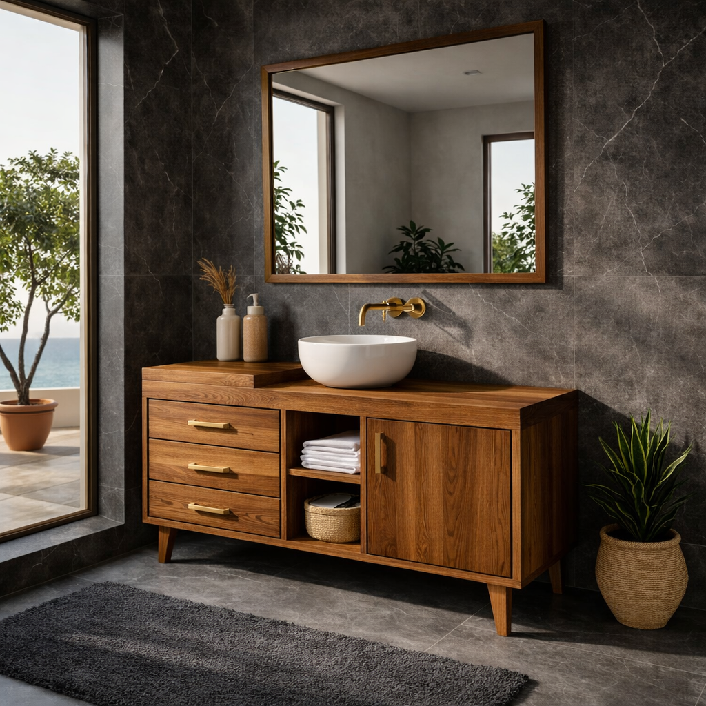 Solid Wood Bathroom Vanity Cabinet with Drawers & Shelf – Modern Walnut Bathroom Storage
