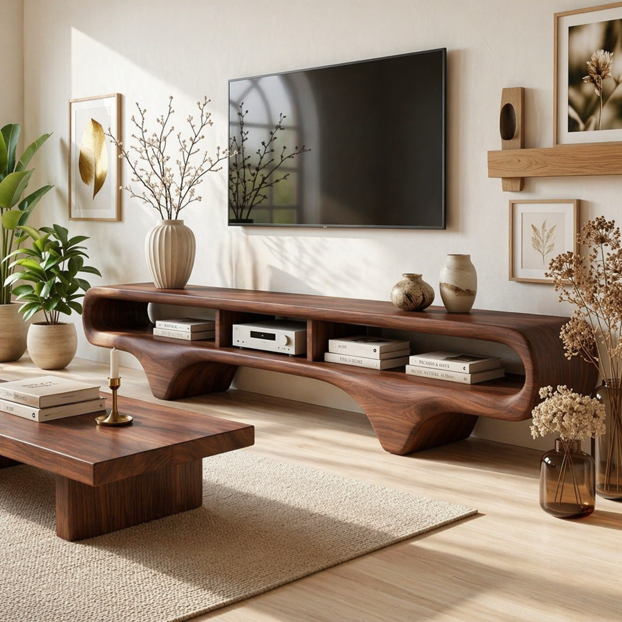 Organic Curved TV Console, Sculptural Media Stand for Luxury Sophisticated Interiors