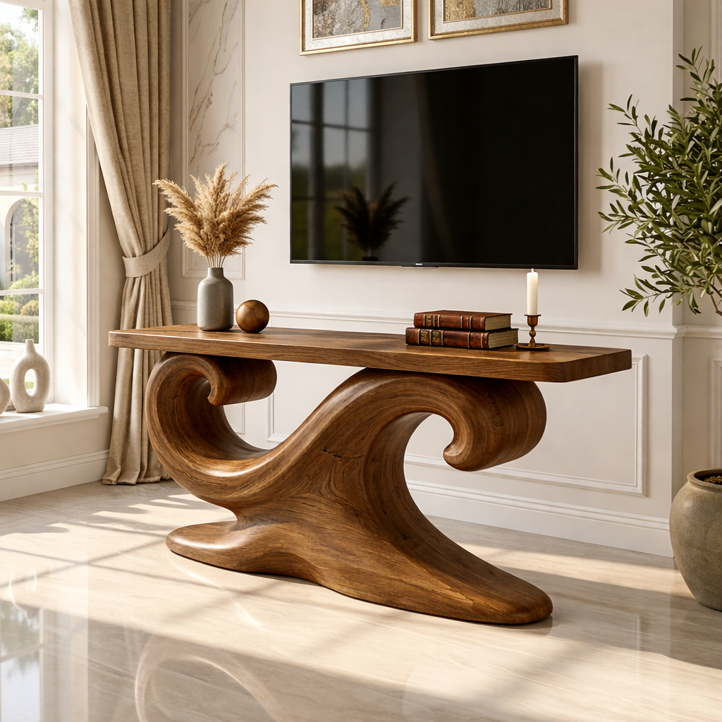 Solid Wood Console Table with Sculpted Curved Base, Artistic Modern Design