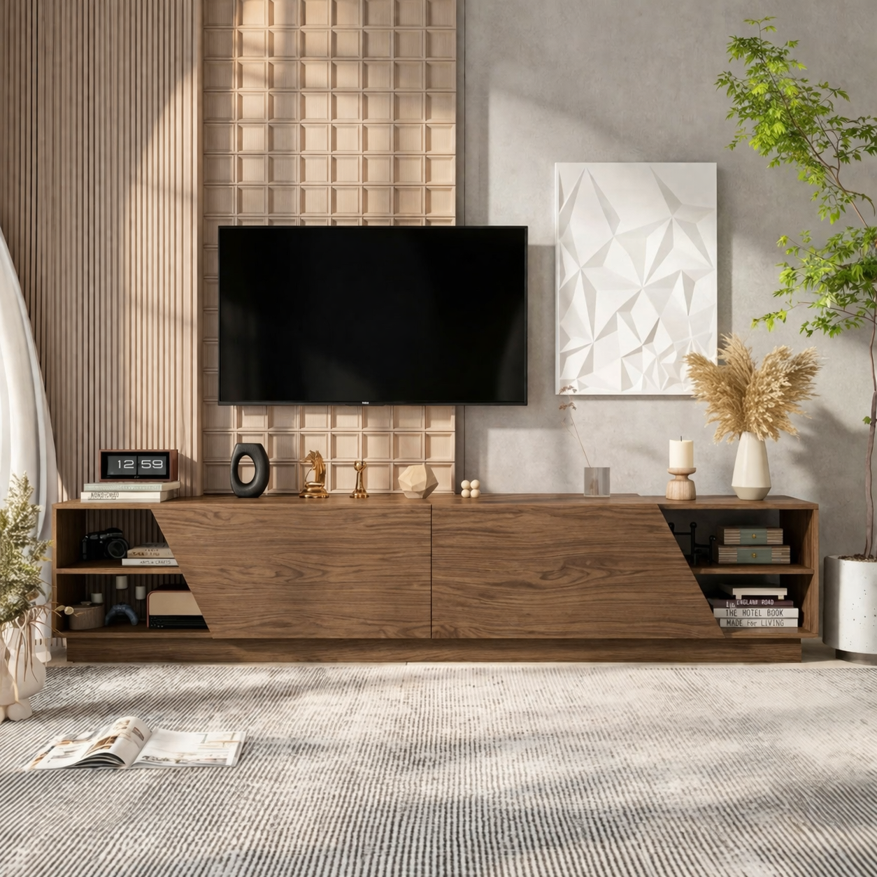 Modern Solid Wood TV Stand Geometric Front Media Console Low Profile Storage Unit
