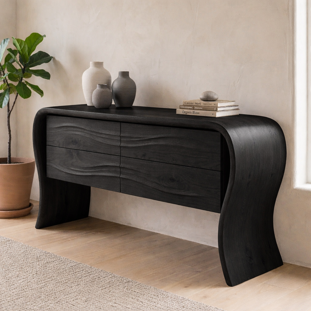 Solid Oak Console Cabinet with Drawers – Modern Curved Wood Entryway Table