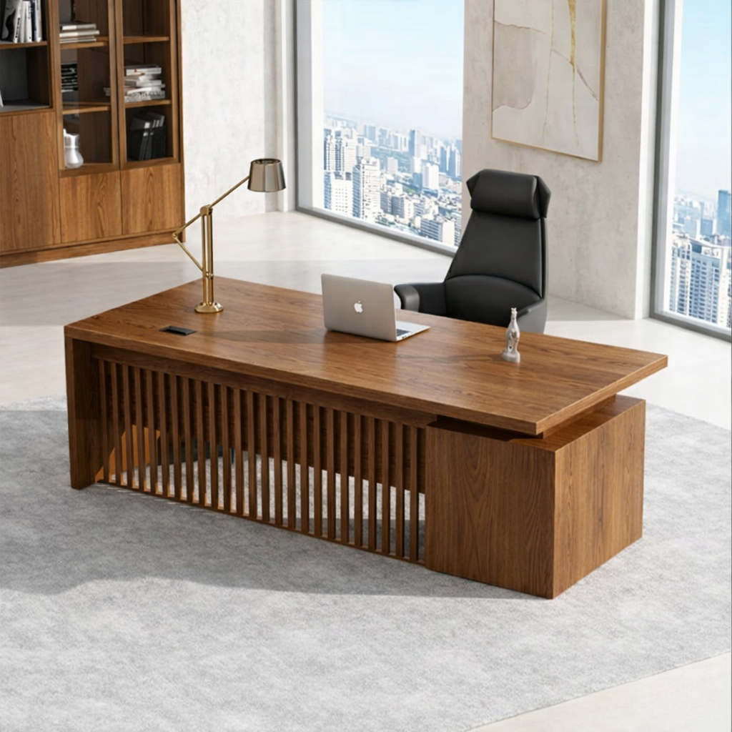 Modern Executive Desk with Slatted Panel Base, Minimalist Home Office Workstation Desk