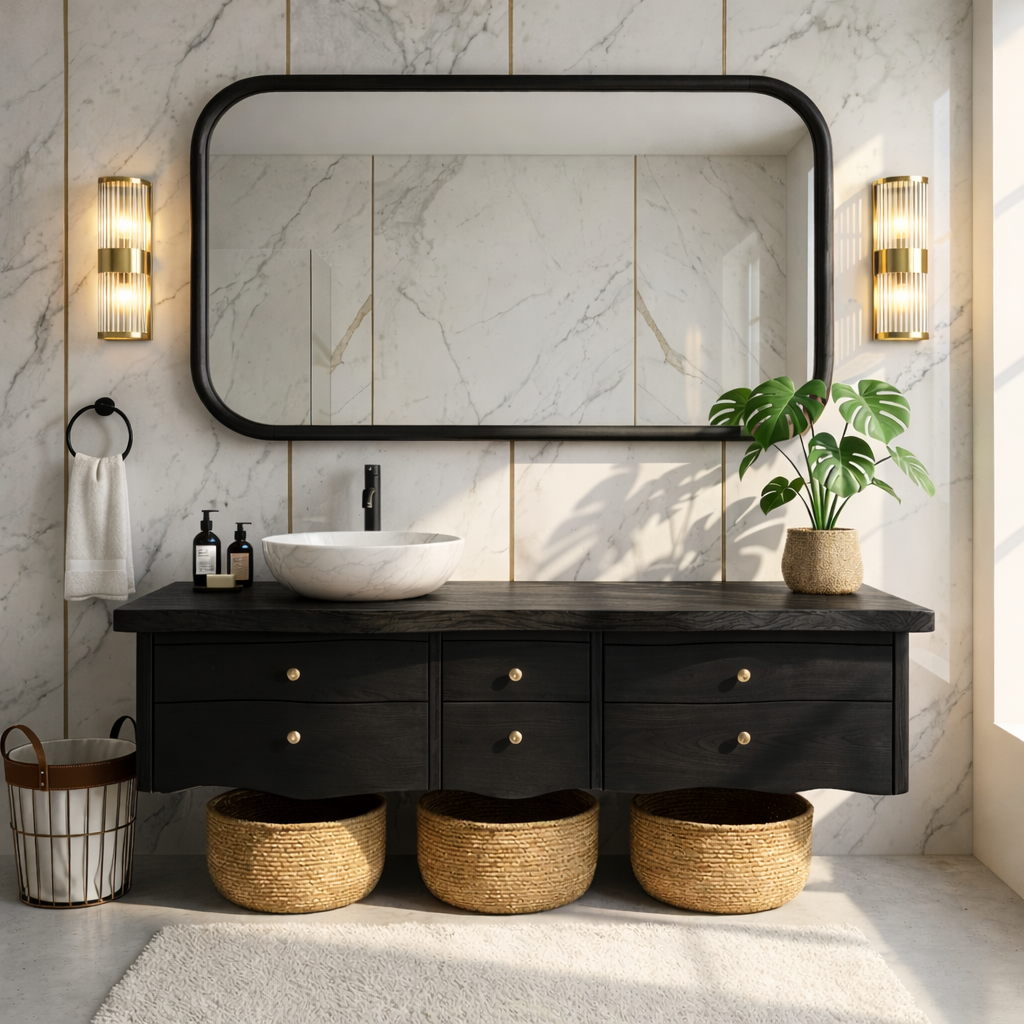 Rustic Double Sink Floating Vanity with Wooden Base and Black Faucets