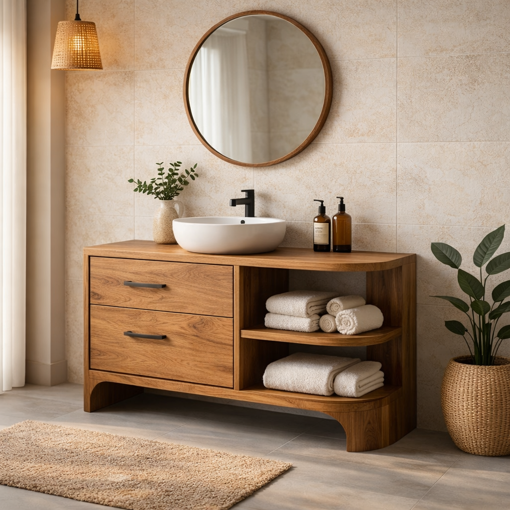 Wood Bathroom Vanity with Drawers and Open Shelf – Modern Bathroom Vanity Cabinet