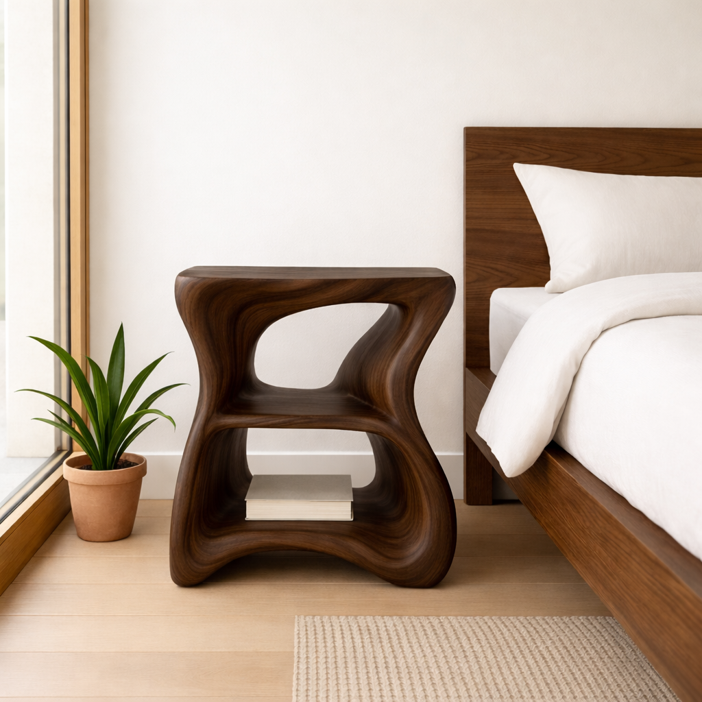 Modern Solid Wood Nightstand with Curved Design - Stylish Bedside Table for Bedroom