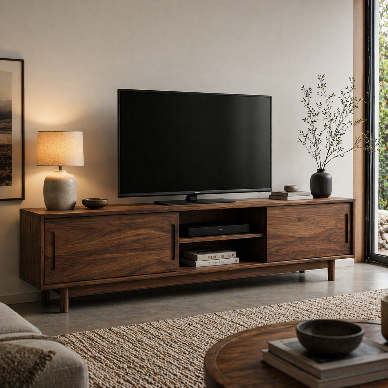 Solid Wood Media Console with Sliding Doors, Mid Century Modern TV Stand Storage