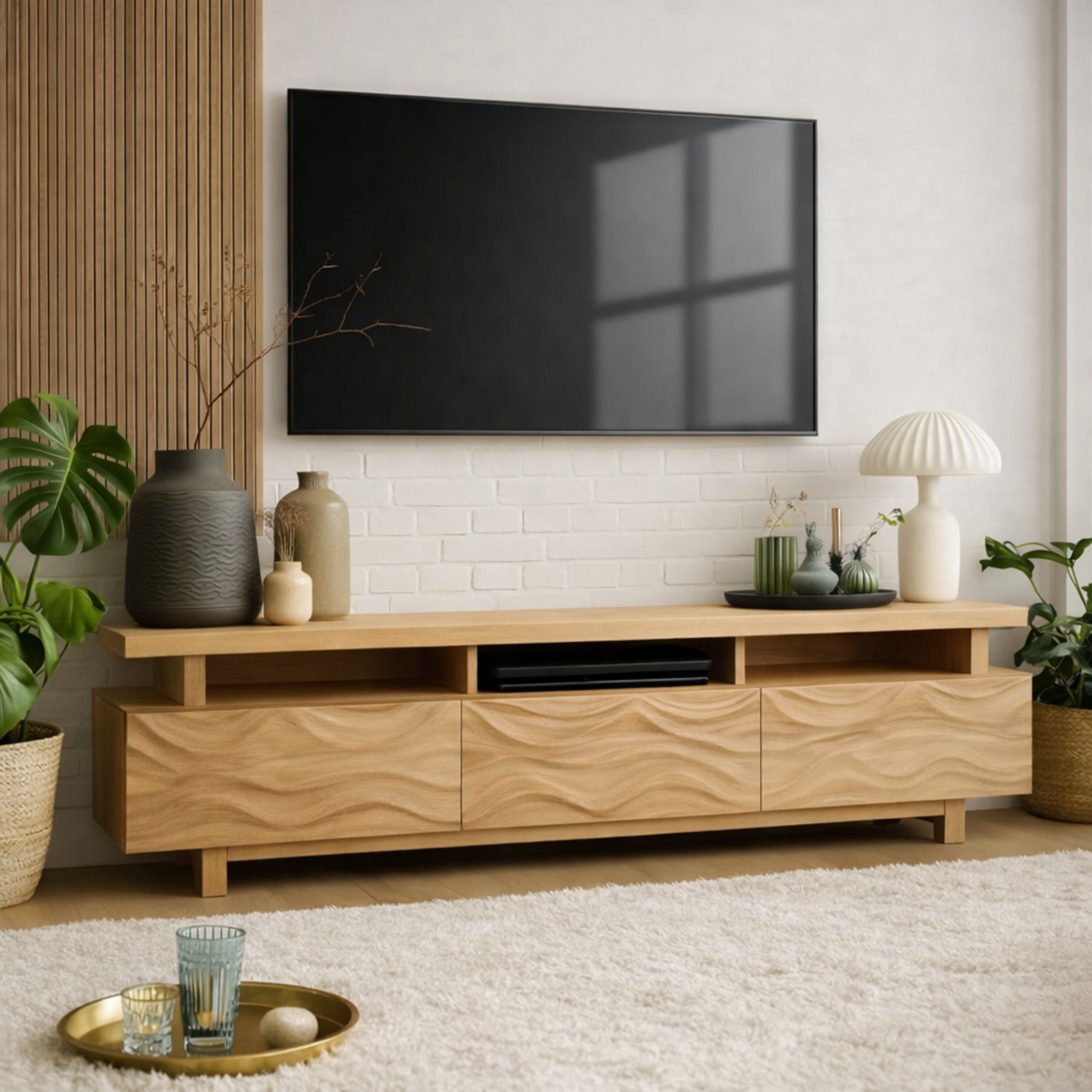 Mid Century Solid Wood TV Stand Long Media Console Modern Entertainment Cabinet
