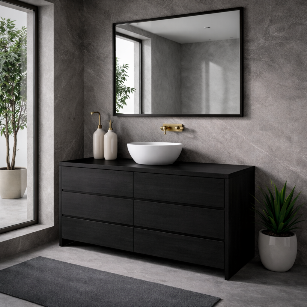 Solid Wood Bathroom Vanity Cabinet with 6 Drawers – Modern Walnut Bathroom Storage