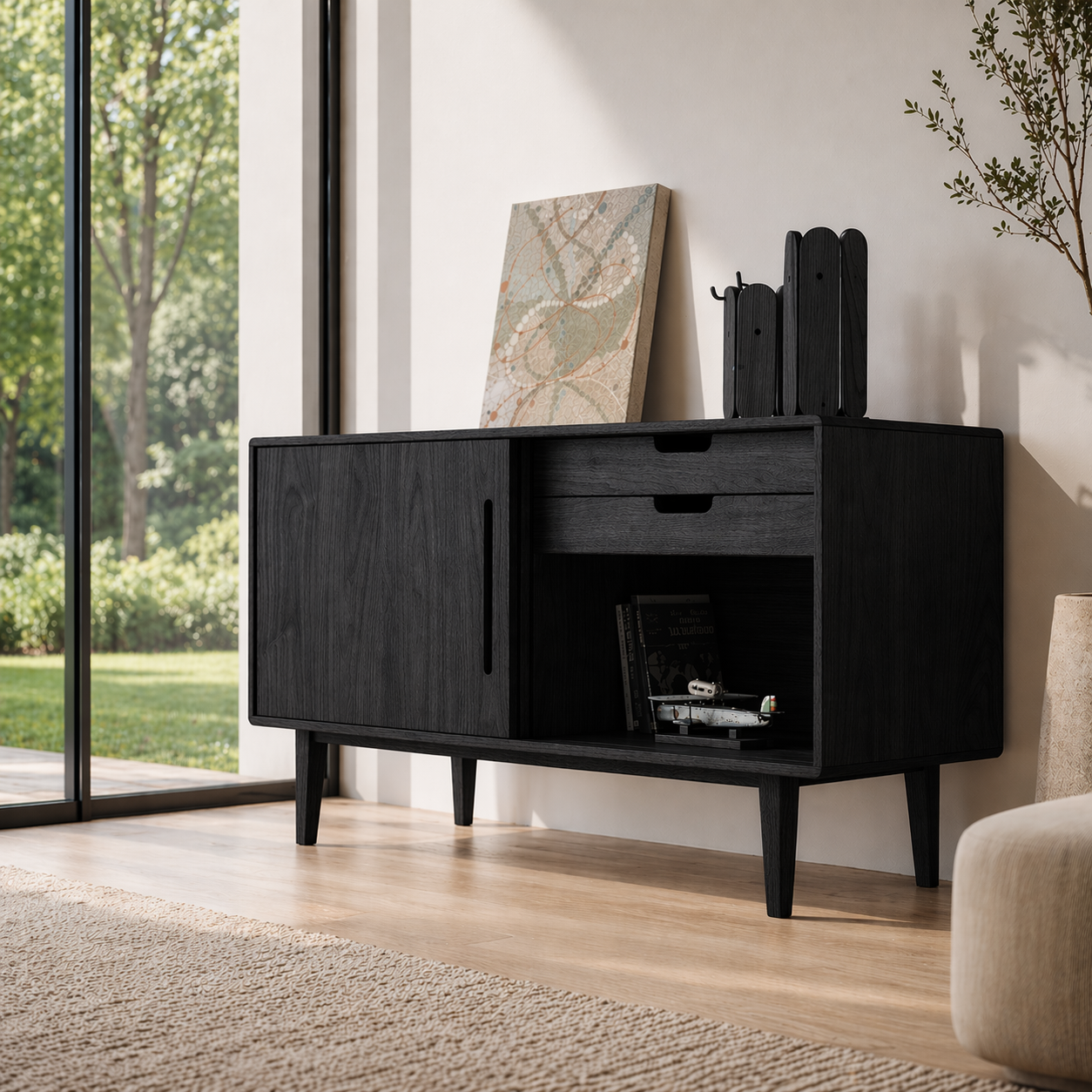 Solid Wood Console Sideboard with Open Shelf – Modern Walnut Storage Cabinet