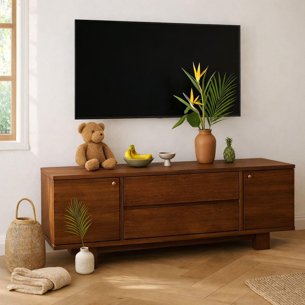 Modern Wood TV Stand With Drawers Long Media Console Low Profile Entertainment Center