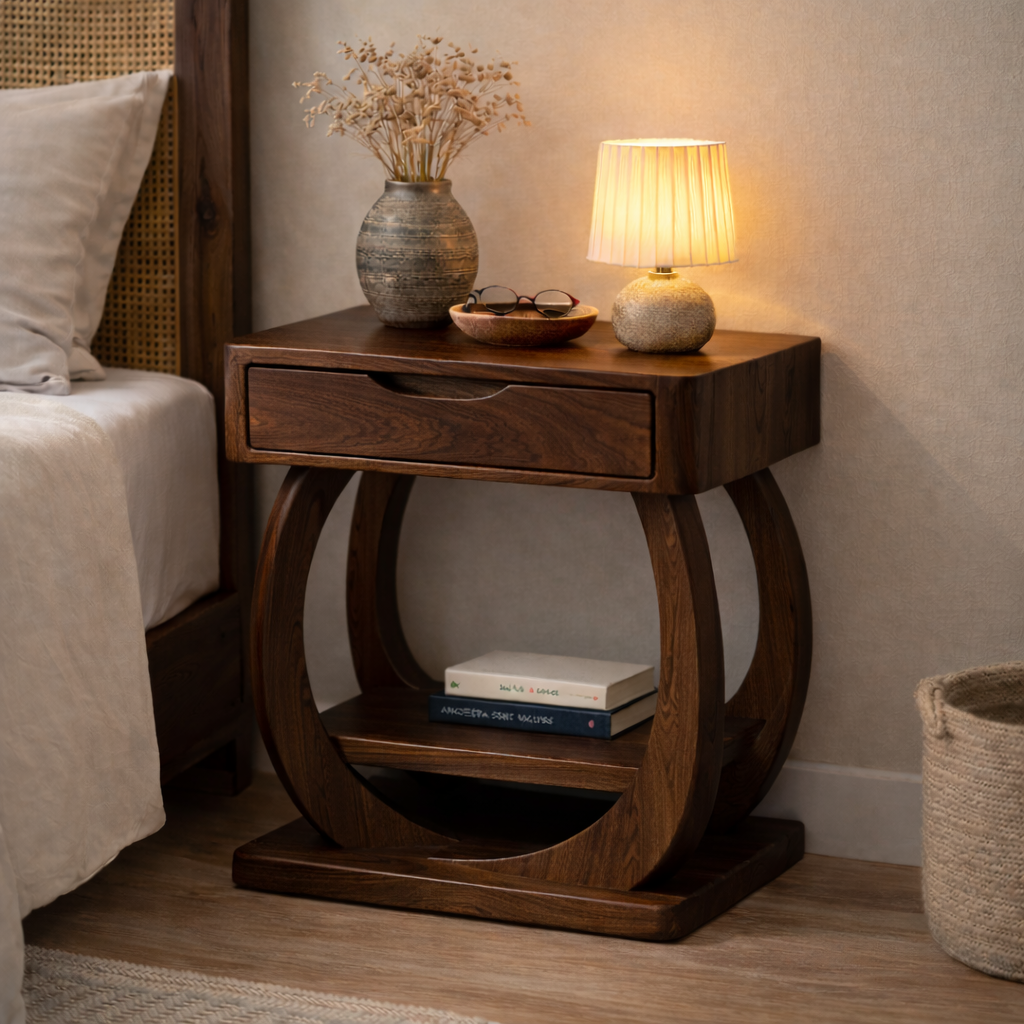 Solid Wood Nightstand with Drawer and Shelf – Modern Sculptural Bedside Table