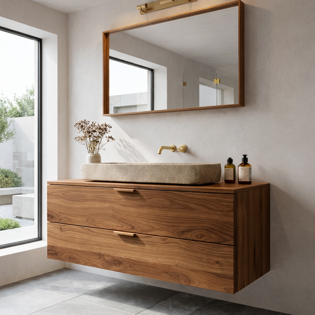 Modern Solid Wood Bathroom Vanity with Floating Drawers and Minimalist Design