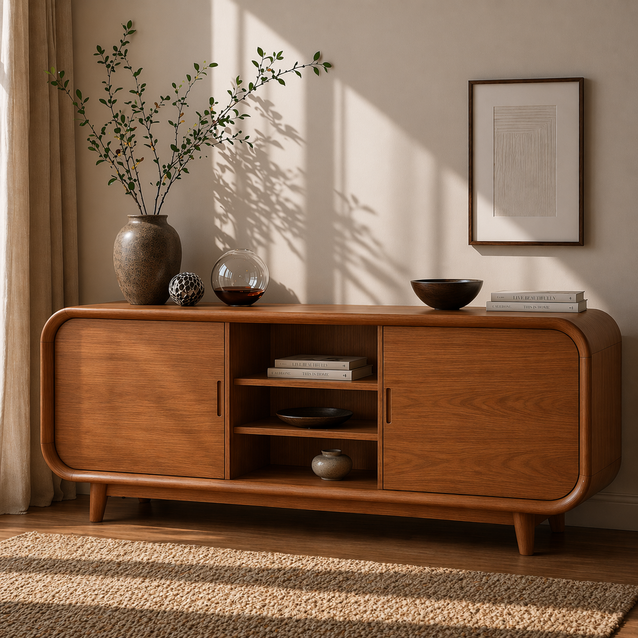 Modern Solid Wood Sideboard Cabinet with Sliding Doors & Open Shelf Storage