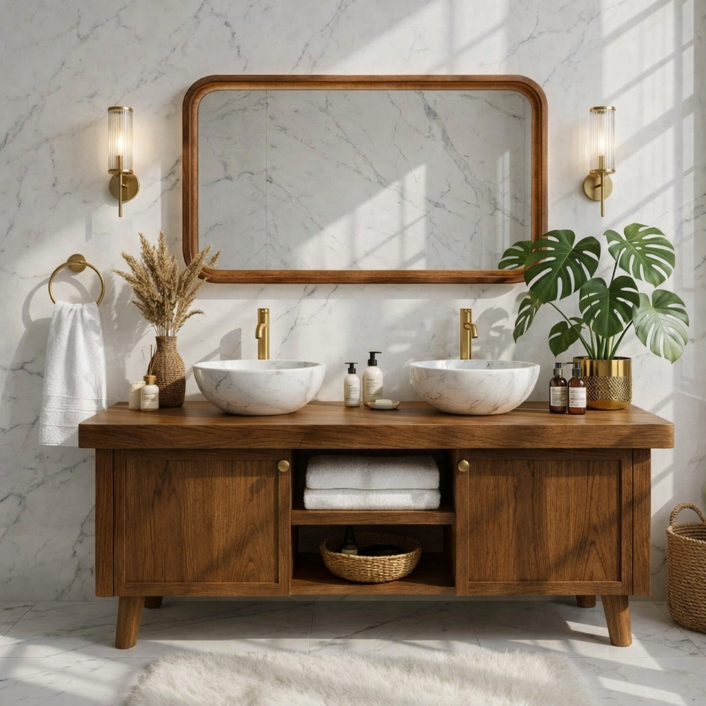 Stylish Wooden Double Sink Bathroom Vanity with Elegant Storage